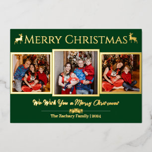 Elegantes Script Rentier Weihnachtsfamilie 3 Foto Folien Feiertagskarte