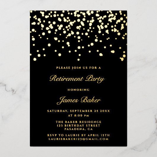 Elegantes Script Retirement Party Black & Gold Folieneinladung (Vorderseite)
