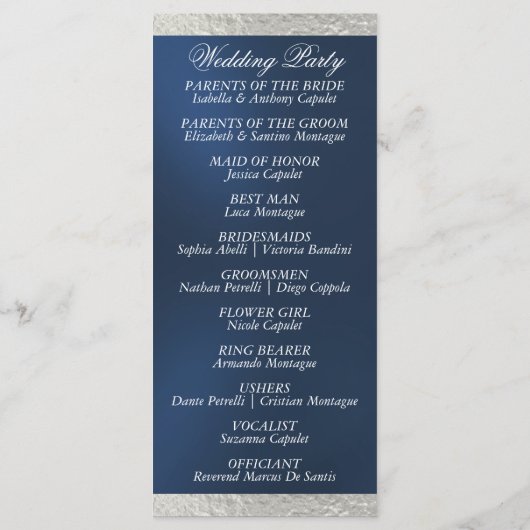 Elegantes Script & Ribbon - Blau/Silberhochzeit Programm (Rückseite)