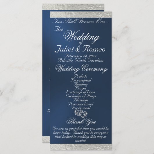 Elegantes Script & Ribbon - Blau/Silberhochzeit Programm (Vorne/Hinten)