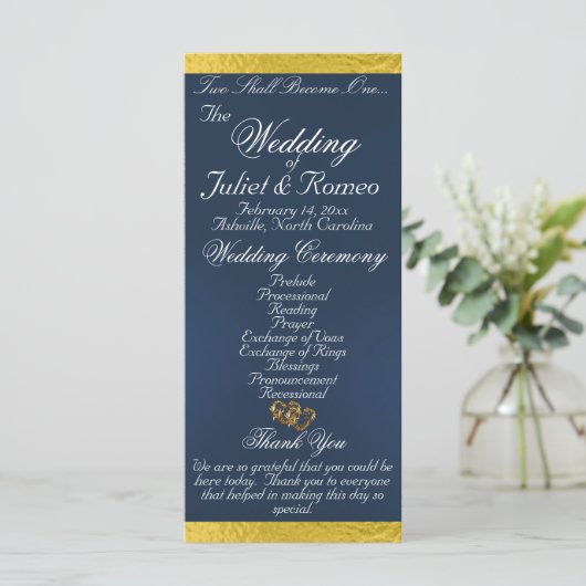 Elegantes Script & Ribbon - Blue/Gold Wedding Programm (Stehend Vorderseite)