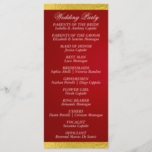 Elegantes Script & Ribbon - Crimson/Gold Wedding Programm (Rückseite)