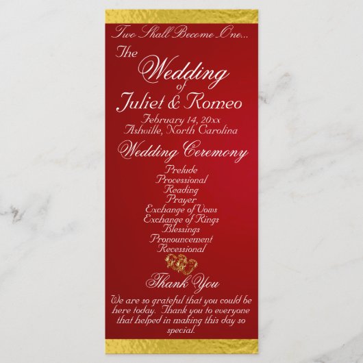 Elegantes Script & Ribbon - Crimson/Gold Wedding Programm (Vorderseite)