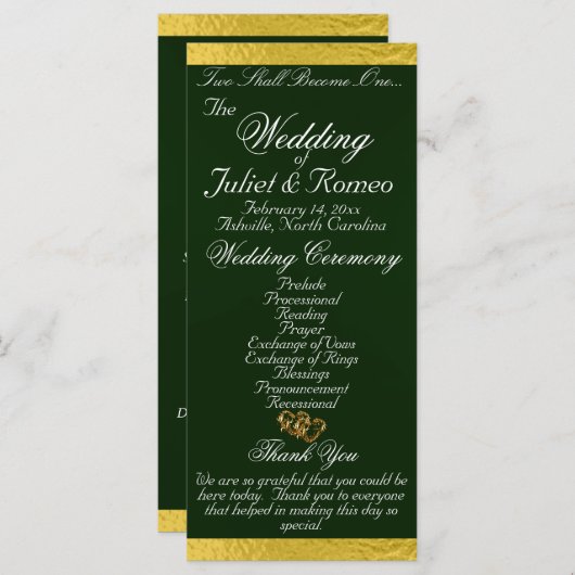 Elegantes Script & Ribbon - Emerald/Gold Wedding Programm (Vorne/Hinten)