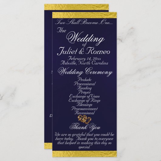 Elegantes Script & Ribbon - Hochzeit von Navy Blue Programm (Vorne/Hinten)