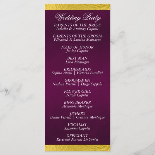 Elegantes Script & Ribbon - Lila/Goldhochzeit Programm (Rückseite)