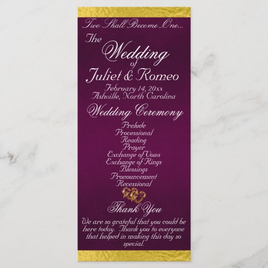 Elegantes Script & Ribbon - Lila/Goldhochzeit Programm (Vorderseite)