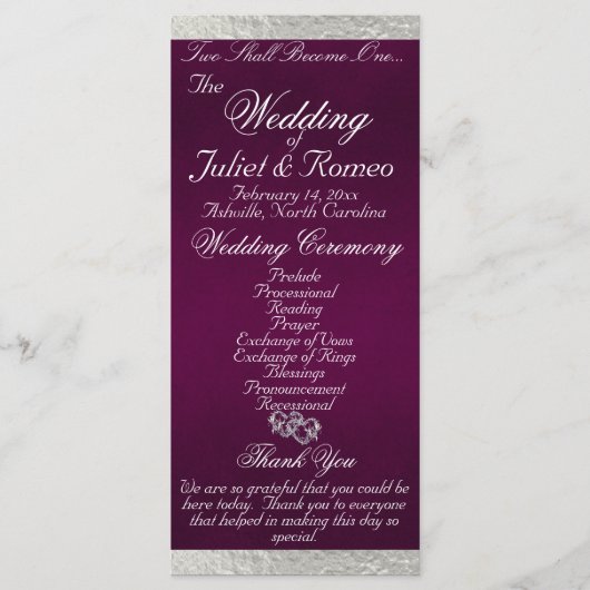 Elegantes Script & Ribbon - Lila/Silberhochzeit Programm (Vorderseite)