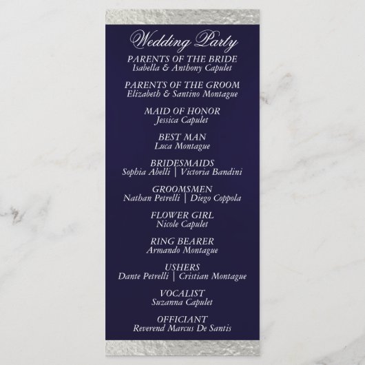 Elegantes Script & Ribbon - Navy Blue/Silver Weddi Programm (Rückseite)