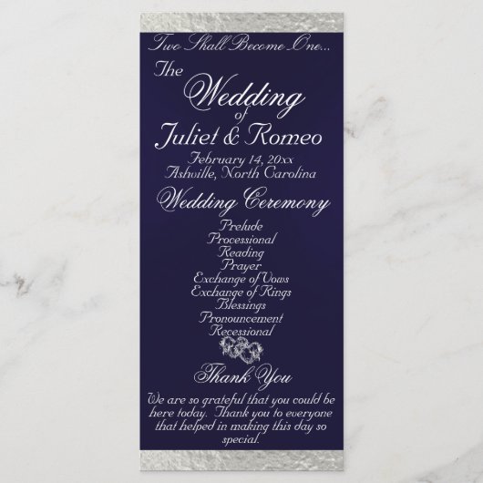Elegantes Script & Ribbon - Navy Blue/Silver Weddi Programm (Vorderseite)
