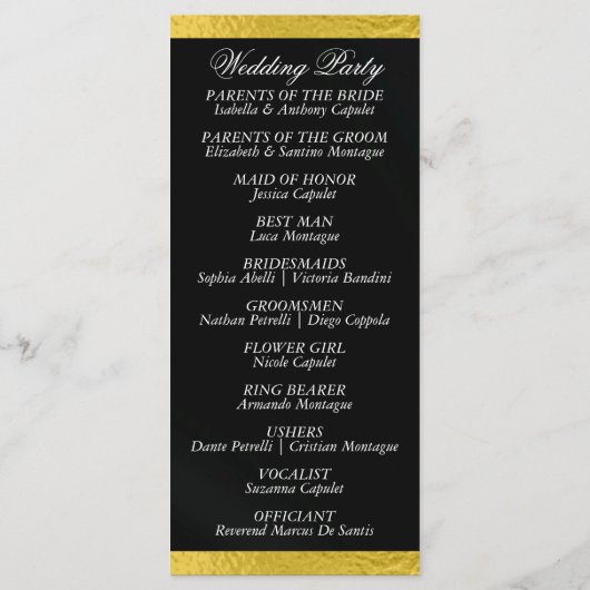 Elegantes Script & Ribbon - Schwarz/Gold Hochzeit Programm (Rückseite)