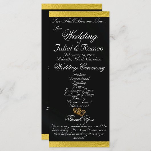 Elegantes Script & Ribbon - Schwarz/Gold Hochzeit Programm (Vorne/Hinten)