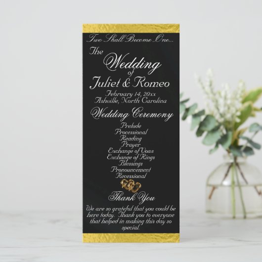 Elegantes Script & Ribbon - Schwarz/Gold Hochzeit Programm (Stehend Vorderseite)