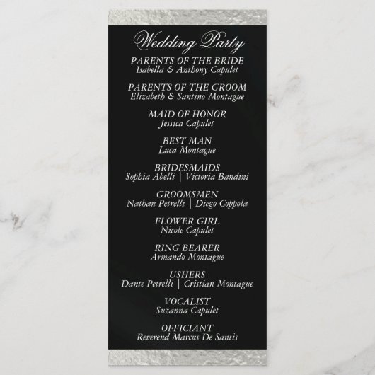 Elegantes Script & Ribbon - Schwarz/Silber Hochzei Programm (Rückseite)