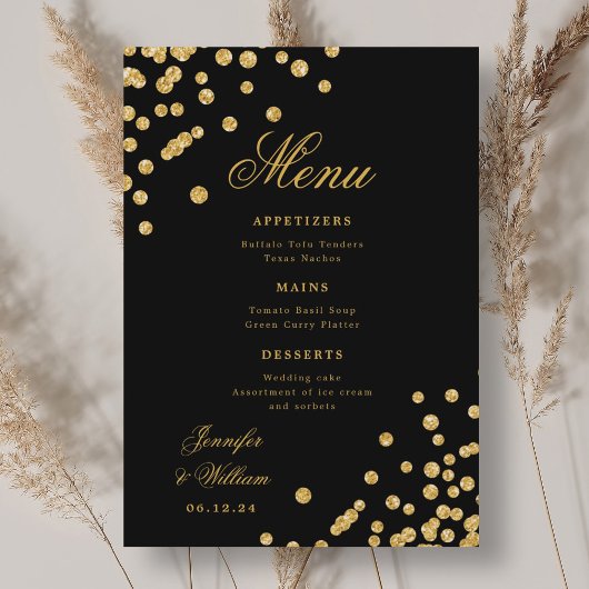 Elegantes Script Romantic Wedding Confetti Gold Bl Menükarte