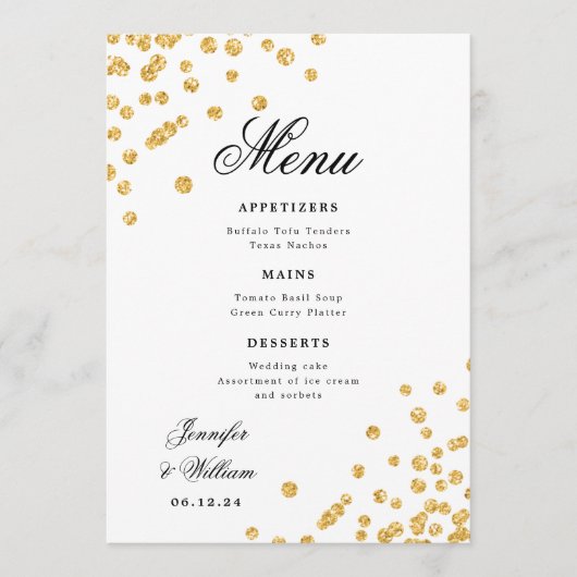 Elegantes Script Romantic Wedding Confetti Gold Menükarte (Vorderseite)