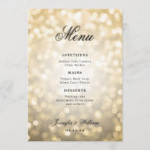 Elegantes Script Romantic Wedding Gold Bokeh Light Menükarte (Vorderseite)