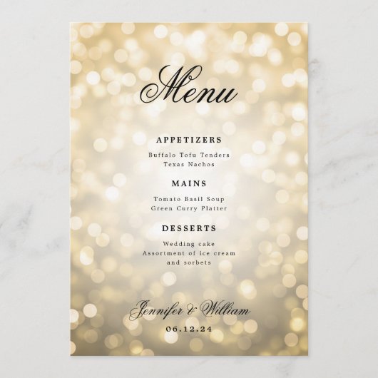 Elegantes Script Romantic Wedding Gold Bokeh Light Menükarte (Vorderseite)