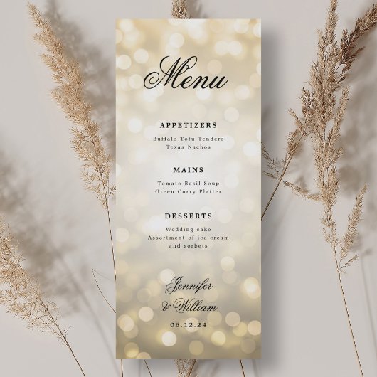 Elegantes Script Romantic Wedding Gold Bokeh Light Menükarte
