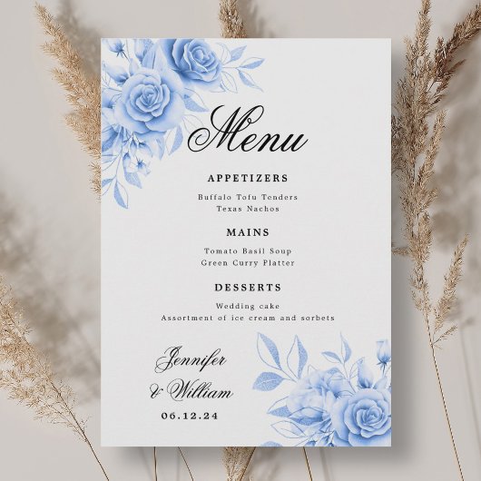 Elegantes Script Romantic Wedding Navy Floral Menükarte