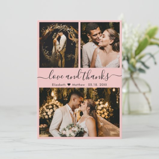 Elegantes Script Rosa 3 Foto Collage Wedding Dankeskarte (Stehend Vorderseite)