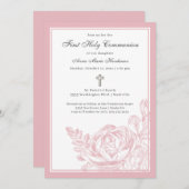 Elegantes Script Rosa Floral Erste Heilige Kommuni Einladung (Vorne/Hinten)