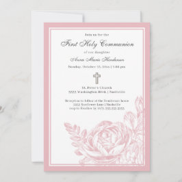 Elegantes Script Rosa Floral Erste Heilige Kommuni Einladung