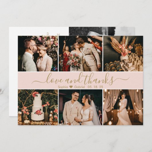 Elegantes Script Rosa Rosa Gold 6 FotoCollage Dankeskarte (Vorne/Hinten)