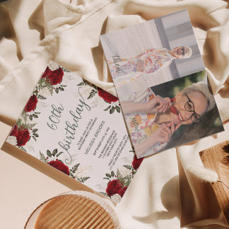 Elegantes Script Rote Rose Foto 60. Geburtstag Einladung