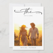 Elegantes Script Rustic Boho Sunset Foto Wedding Save The Date (Vorderseite)