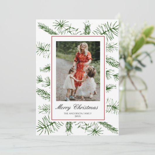 Elegantes Script Rustic Pine Boho Foto Weihnachten (Stehend Vorderseite)
