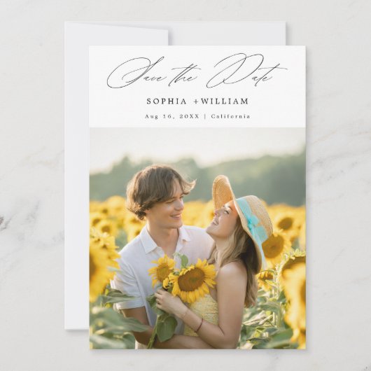 Elegantes Script Rustic Sunflower Foto Boho Weddin Save The Date (Vorderseite)