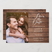 Elegantes Script Rustic Wood Foto Hochzeit Save The Date (Vorne/Hinten)
