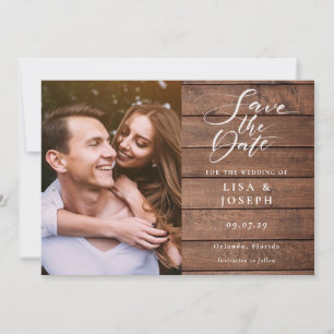 Elegantes Script Rustic Wood Foto Hochzeit Save The Date