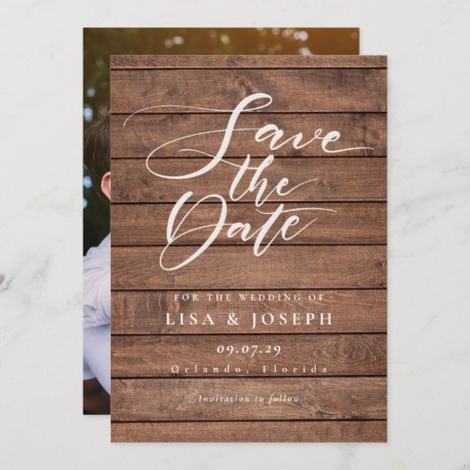 Elegantes Script Rustic Wood Foto Hochzeit Save The Date (Vorne/Hinten)
