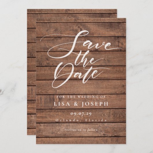 Elegantes Script Rustic Wood Wedding Save The Date (Vorne/Hinten)