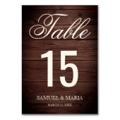 Elegantes Script Rustic Wood Wedding Tischnummer (Rückseite)