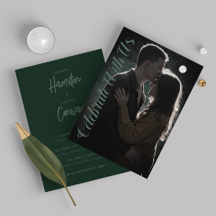 Elegantes Script Rustikales Grünes Foto Hochzeit Einladung