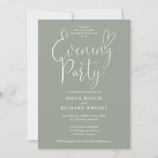 Elegantes Script Sage Green Wedding Abend Party Einladung (Vorderseite)
