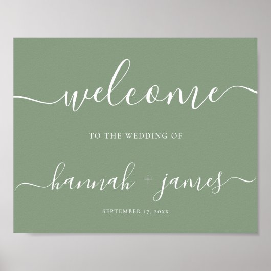 Elegantes Script Sage Green Wedding Willkommenszei Poster (Vorne)