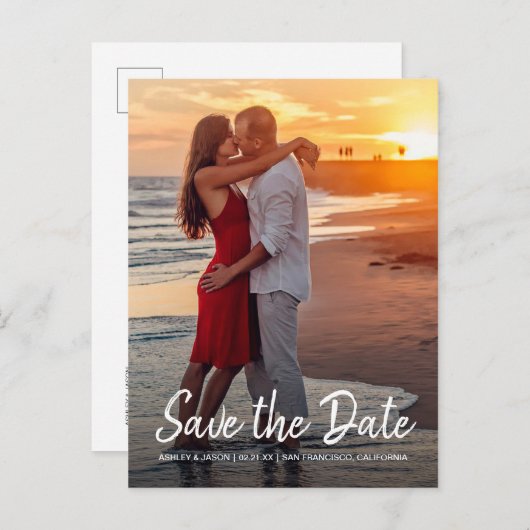 Elegantes Script Save the Date Verlobung Foto Ankündigungspostkarte (Vorne/Hinten)