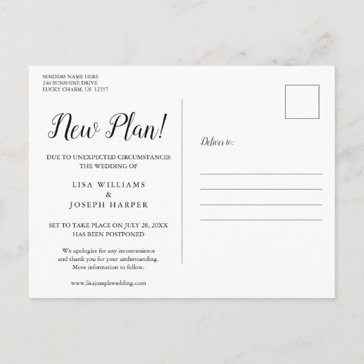 Elegantes Script Save the Date verschoben We Do Re Postkarte (Rückseite)