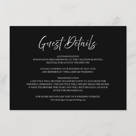 Elegantes Script Schwarz Minimal Wedding Guest Det Begleitkarte (Vorderseite)
