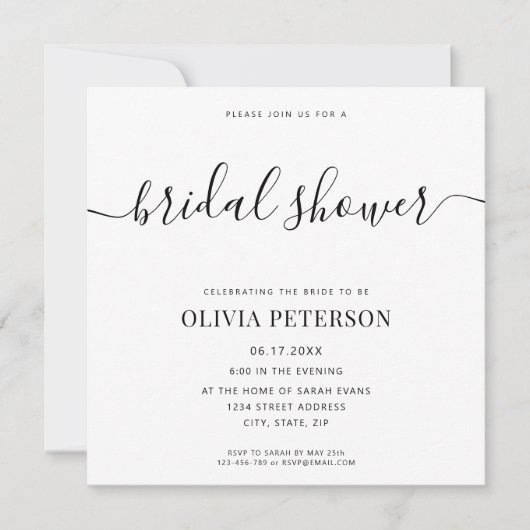 Elegantes Script Schwarz und Weiß Brautparty Invit Einladung (Vorderseite)