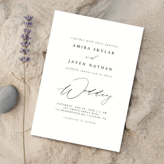 Elegantes Script Schwarz und Weiß Budget Hochzeit Einladung