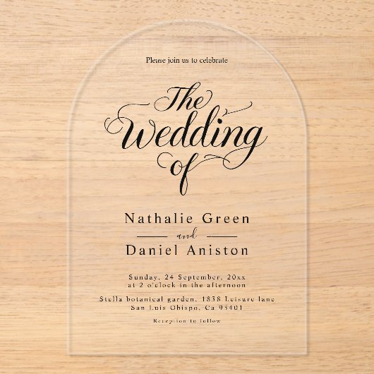 Elegantes Script Schwarz und Weiß Einfache Hochzei Acryleinladungen (Vorderseite)