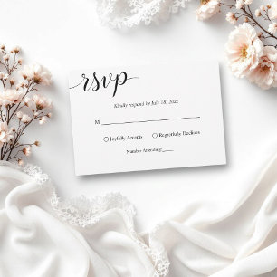 Elegantes Script Schwarz und Weiß Einfache Hochzei RSVP Karte