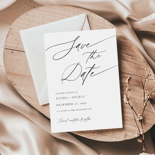 Elegantes Script Schwarz und Weiß Klassische Hochz Save The Date