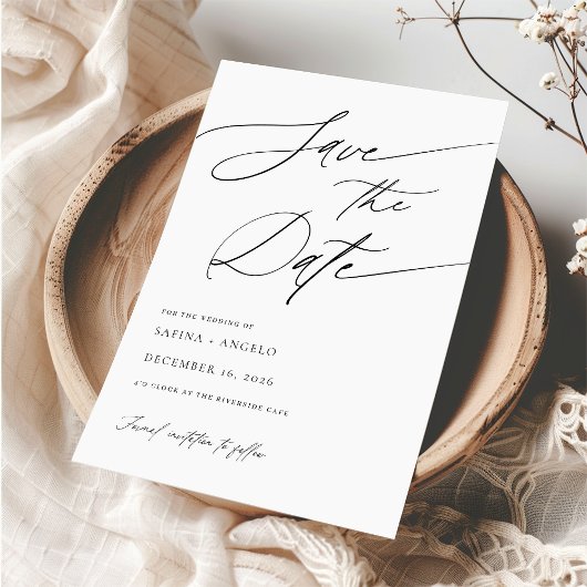 Elegantes Script Schwarz und Weiß Klassische Hochz Save The Date