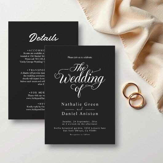 Elegantes Script Schwarz und Weiß Minimal Wedding Einladung